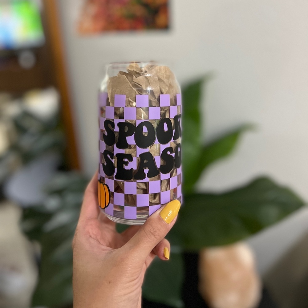 Spooky season purple checkered pumpkin clear cup